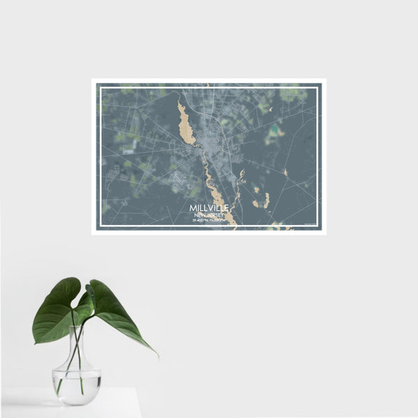 16x24 Millville New Jersey Map Print Landscape Orientation in Afternoon Style With Tropical Plant Leaves in Water