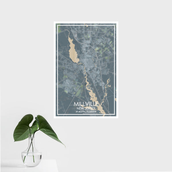 16x24 Millville New Jersey Map Print Portrait Orientation in Afternoon Style With Tropical Plant Leaves in Water