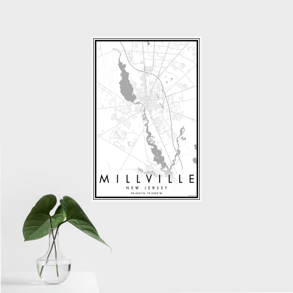 16x24 Millville New Jersey Map Print Portrait Orientation in Classic Style With Tropical Plant Leaves in Water
