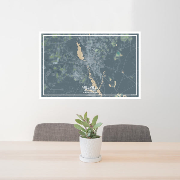 24x36 Millville New Jersey Map Print Lanscape Orientation in Afternoon Style Behind 2 Chairs Table and Potted Plant