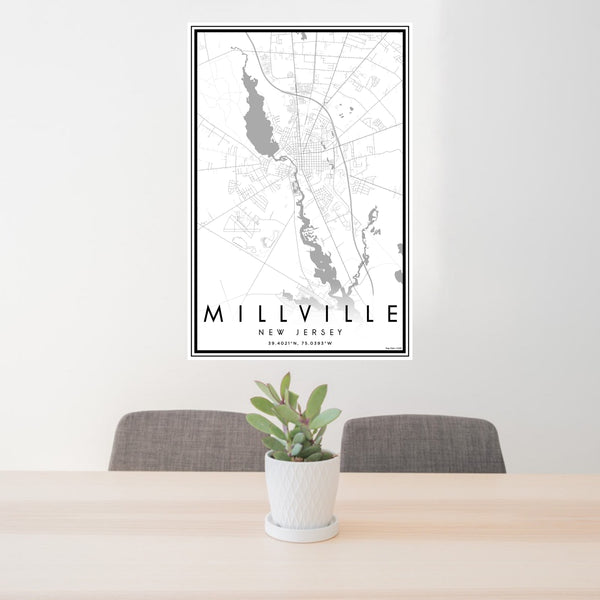 24x36 Millville New Jersey Map Print Portrait Orientation in Classic Style Behind 2 Chairs Table and Potted Plant
