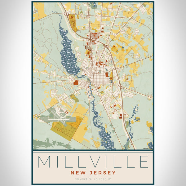 Millville New Jersey Map Print Portrait Orientation in Woodblock Style With Shaded Background