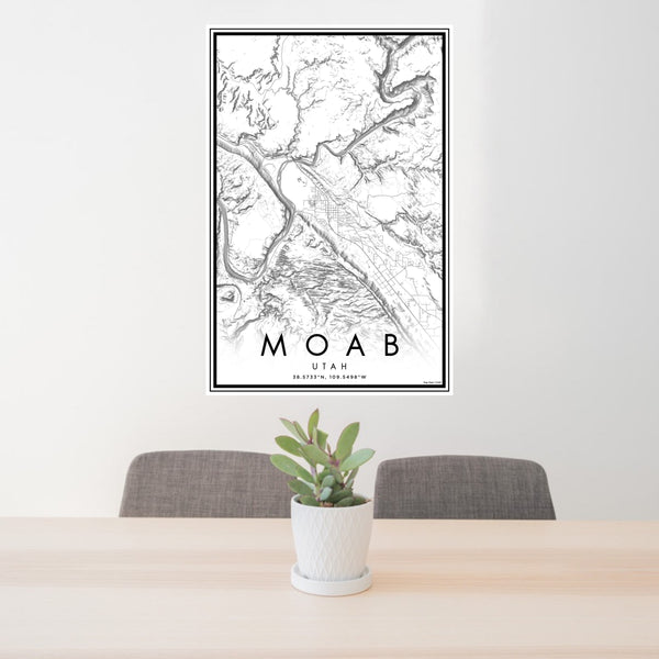 24x36 Moab Utah Map Print Portrait Orientation in Classic Style Behind 2 Chairs Table and Potted Plant