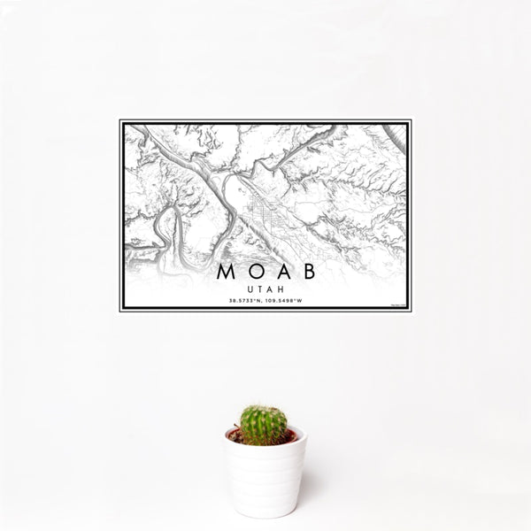 12x18 Moab Utah Map Print Landscape Orientation in Classic Style With Small Cactus Plant in White Planter
