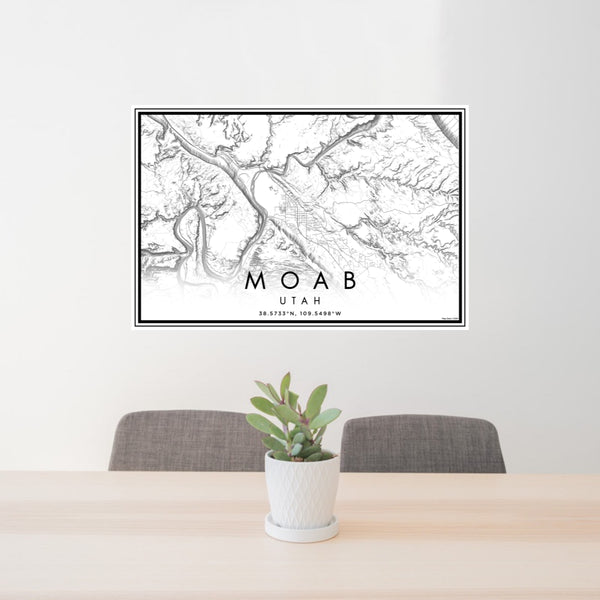 24x36 Moab Utah Map Print Landscape Orientation in Classic Style Behind 2 Chairs Table and Potted Plant