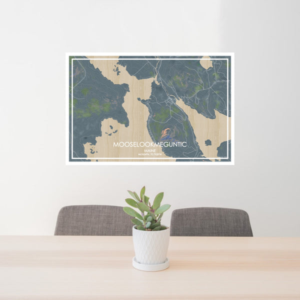 24x36 Mooselookmeguntic Maine Map Print Lanscape Orientation in Afternoon Style Behind 2 Chairs Table and Potted Plant