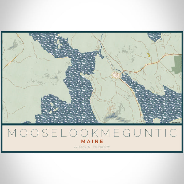 Mooselookmeguntic Maine Map Print Landscape Orientation in Woodblock Style With Shaded Background