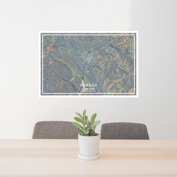 24x36 Moraga California Map Print Lanscape Orientation in Afternoon Style Behind 2 Chairs Table and Potted Plant