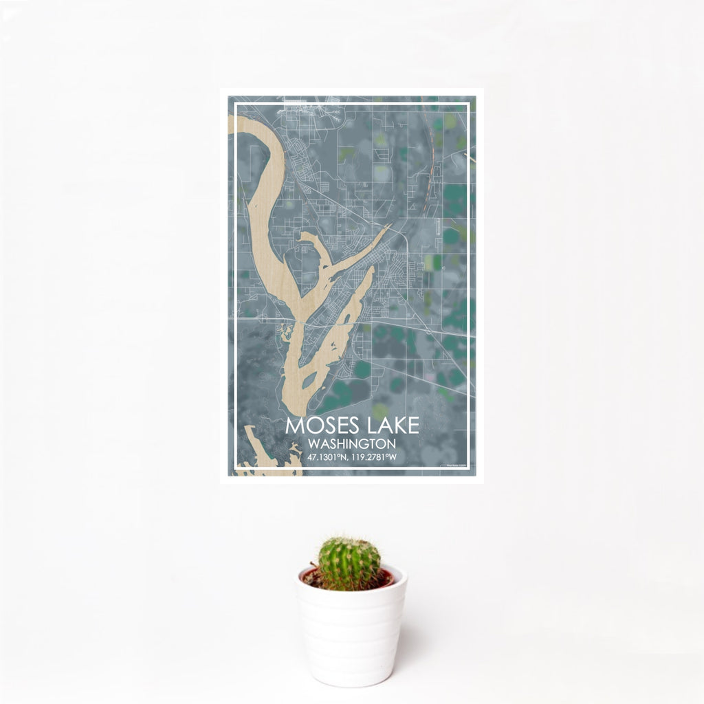 12x18 Moses Lake Washington Map Print Portrait Orientation in Afternoon Style With Small Cactus Plant in White Planter