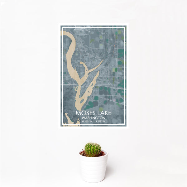 12x18 Moses Lake Washington Map Print Portrait Orientation in Afternoon Style With Small Cactus Plant in White Planter