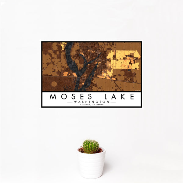 12x18 Moses Lake Washington Map Print Landscape Orientation in Ember Style With Small Cactus Plant in White Planter