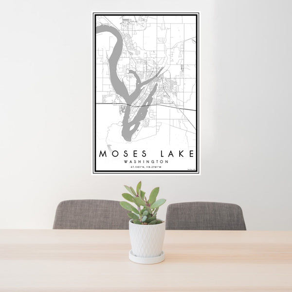24x36 Moses Lake Washington Map Print Portrait Orientation in Classic Style Behind 2 Chairs Table and Potted Plant