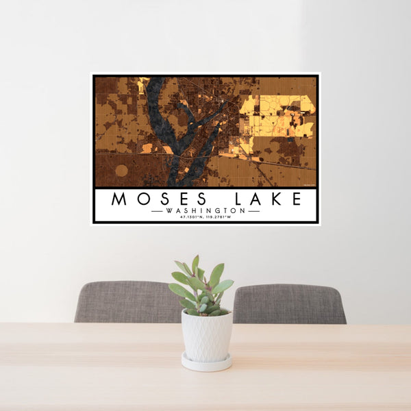 24x36 Moses Lake Washington Map Print Lanscape Orientation in Ember Style Behind 2 Chairs Table and Potted Plant