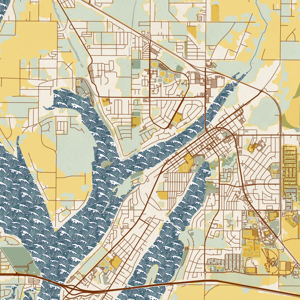 Moses Lake Washington Map Print in Woodblock Style Zoomed In Close Up Showing Details