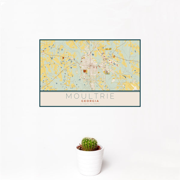 12x18 Moultrie Georgia Map Print Landscape Orientation in Woodblock Style With Small Cactus Plant in White Planter