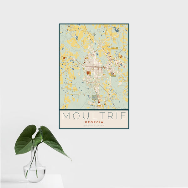 16x24 Moultrie Georgia Map Print Portrait Orientation in Woodblock Style With Tropical Plant Leaves in Water