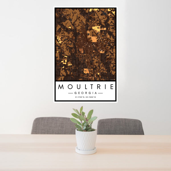 24x36 Moultrie Georgia Map Print Portrait Orientation in Ember Style Behind 2 Chairs Table and Potted Plant