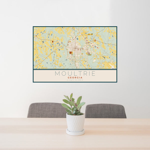 24x36 Moultrie Georgia Map Print Lanscape Orientation in Woodblock Style Behind 2 Chairs Table and Potted Plant