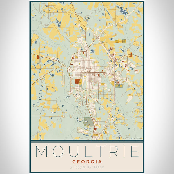 Moultrie Georgia Map Print Portrait Orientation in Woodblock Style With Shaded Background