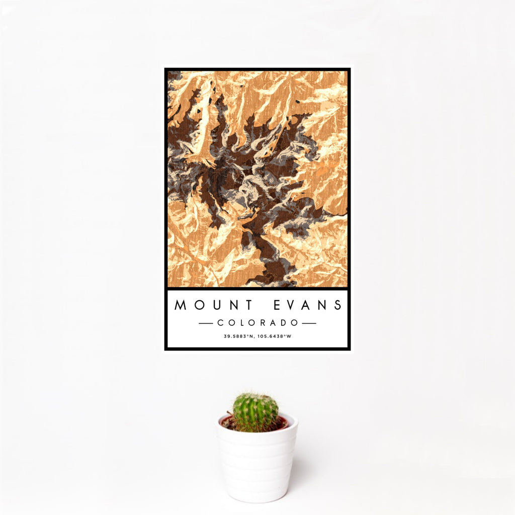 12x18 Mount Evans Colorado Map Print Portrait Orientation in Ember Style With Small Cactus Plant in White Planter