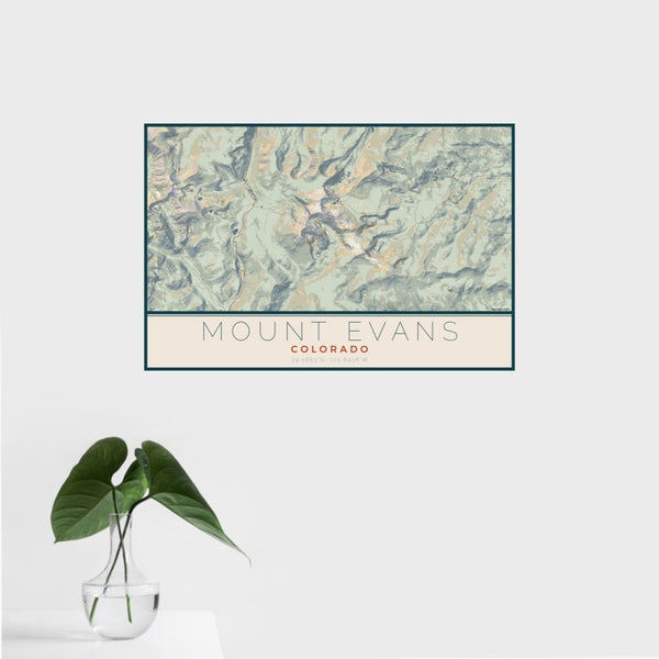 16x24 Mount Evans Colorado Map Print Landscape Orientation in Woodblock Style With Tropical Plant Leaves in Water