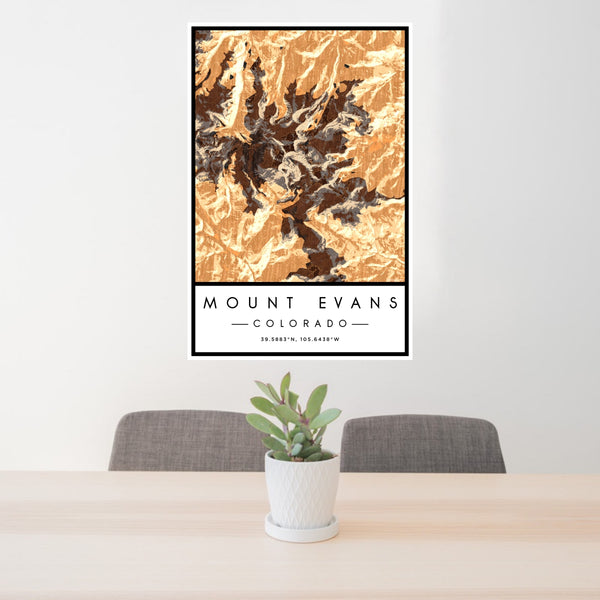 24x36 Mount Evans Colorado Map Print Portrait Orientation in Ember Style Behind 2 Chairs Table and Potted Plant
