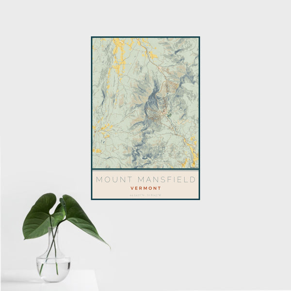 16x24 Mount Mansfield Vermont Map Print Portrait Orientation in Woodblock Style With Tropical Plant Leaves in Water