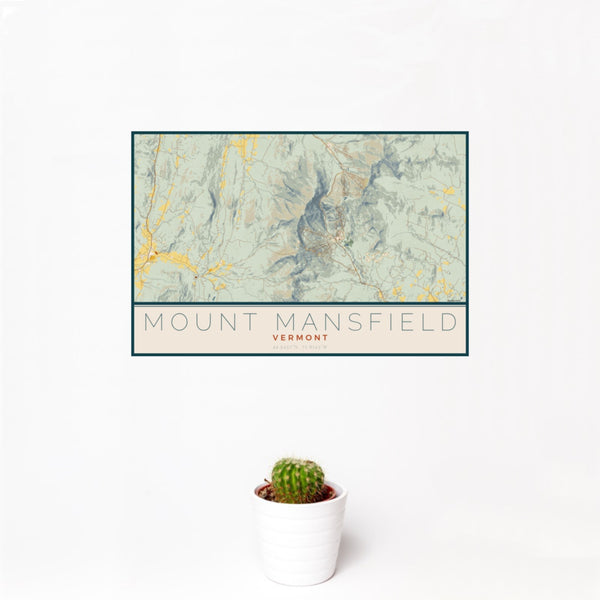 12x18 Mount Mansfield Vermont Map Print Landscape Orientation in Woodblock Style With Small Cactus Plant in White Planter