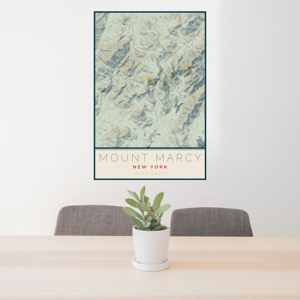 24x36 Mount Marcy New York Map Print Portrait Orientation in Woodblock Style Behind 2 Chairs Table and Potted Plant