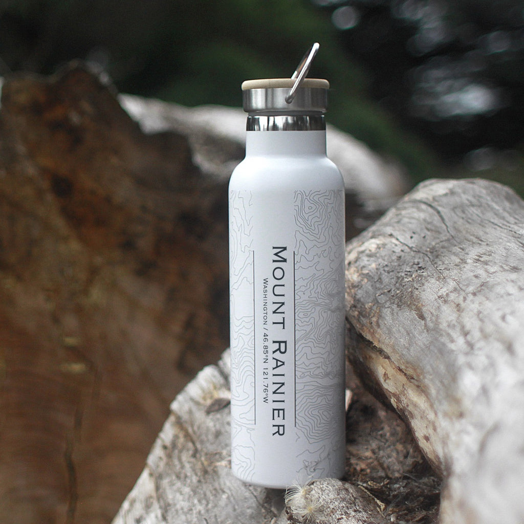 Mount Rainier Washington Custom Engraved City Map Inscription Coordinates on 20oz Stainless Steel Insulated Bottle with Bamboo Top in White