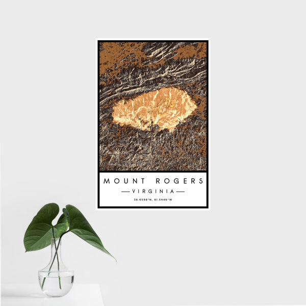 16x24 Mount Rogers Virginia Map Print Portrait Orientation in Ember Style With Tropical Plant Leaves in Water