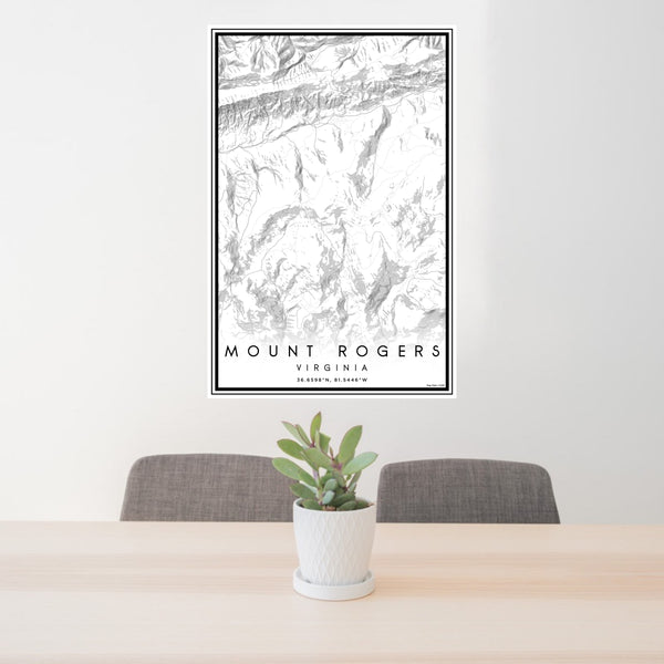 24x36 Mount Rogers Virginia Map Print Portrait Orientation in Classic Style Behind 2 Chairs Table and Potted Plant