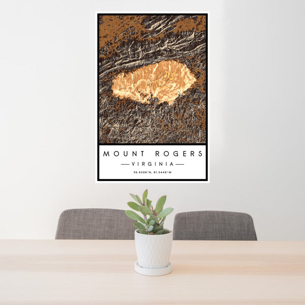 24x36 Mount Rogers Virginia Map Print Portrait Orientation in Ember Style Behind 2 Chairs Table and Potted Plant