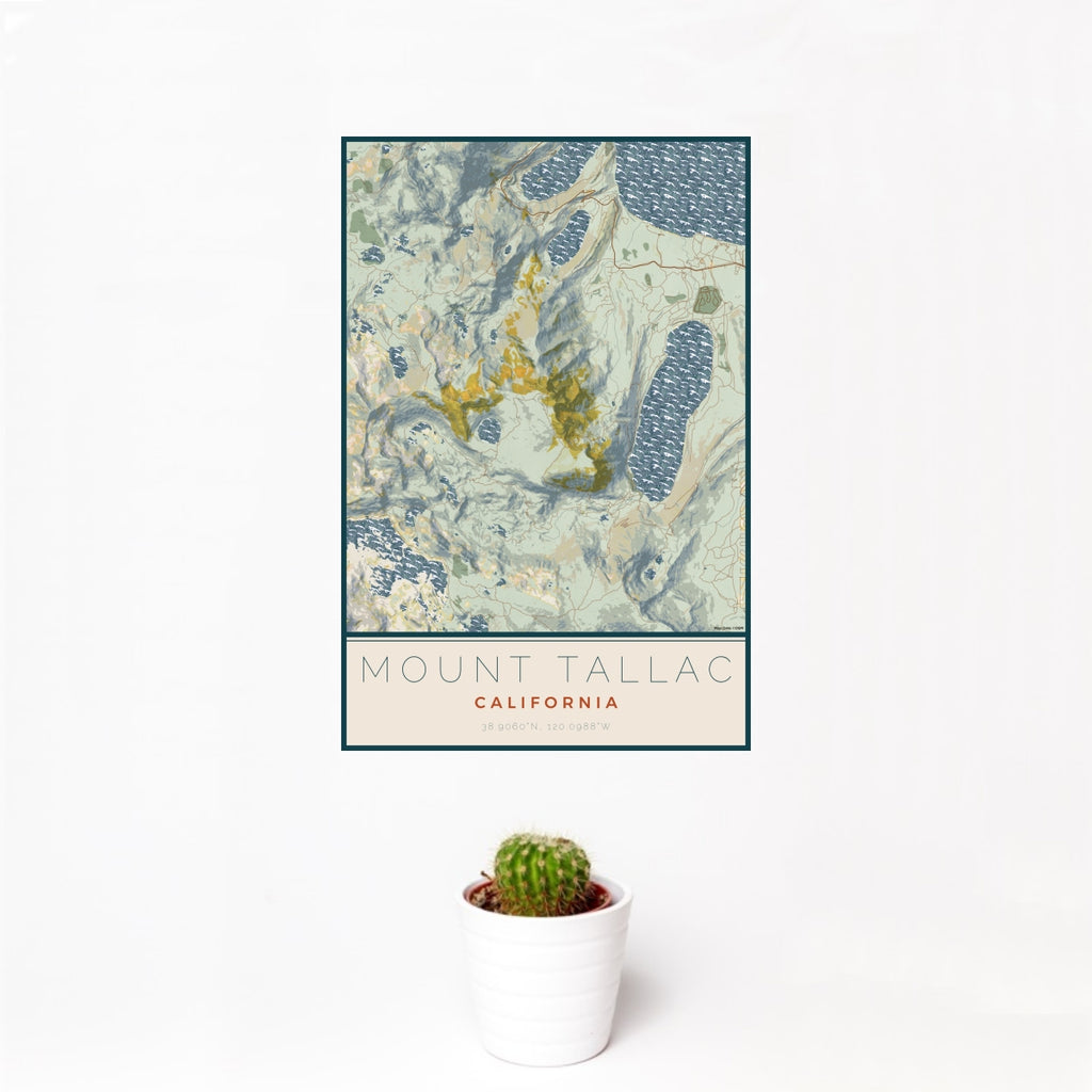 12x18 Mount Tallac California Map Print Portrait Orientation in Woodblock Style With Small Cactus Plant in White Planter