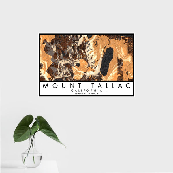 16x24 Mount Tallac California Map Print Landscape Orientation in Ember Style With Tropical Plant Leaves in Water