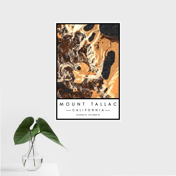 16x24 Mount Tallac California Map Print Portrait Orientation in Ember Style With Tropical Plant Leaves in Water