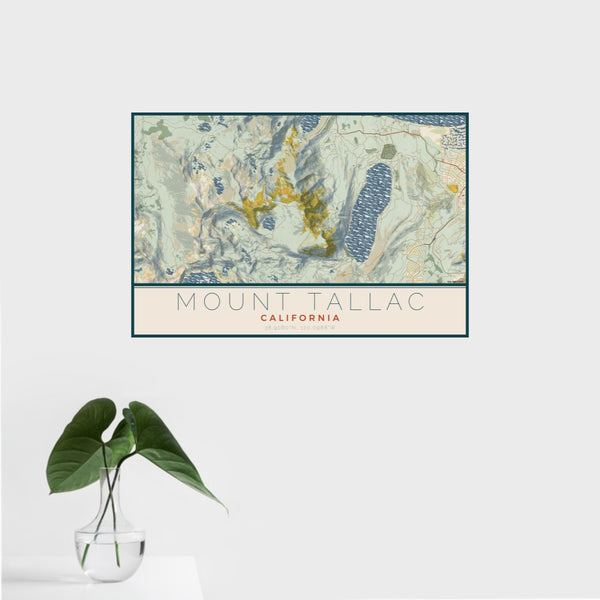 16x24 Mount Tallac California Map Print Landscape Orientation in Woodblock Style With Tropical Plant Leaves in Water