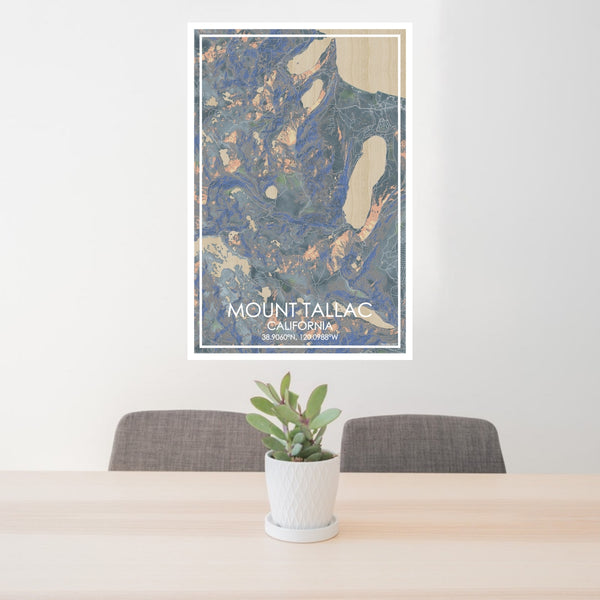 24x36 Mount Tallac California Map Print Portrait Orientation in Afternoon Style Behind 2 Chairs Table and Potted Plant