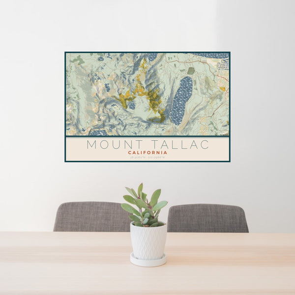 24x36 Mount Tallac California Map Print Lanscape Orientation in Woodblock Style Behind 2 Chairs Table and Potted Plant