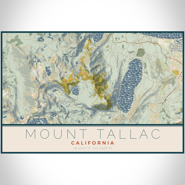Mount Tallac California Map Print Landscape Orientation in Woodblock Style With Shaded Background