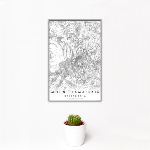 12x18 Mount Tamalpais California Map Print Portrait Orientation in Classic Style With Small Cactus Plant in White Planter