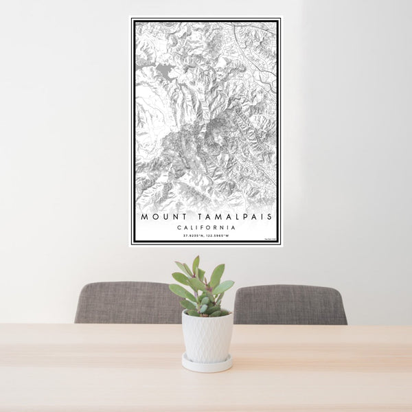 24x36 Mount Tamalpais California Map Print Portrait Orientation in Classic Style Behind 2 Chairs Table and Potted Plant
