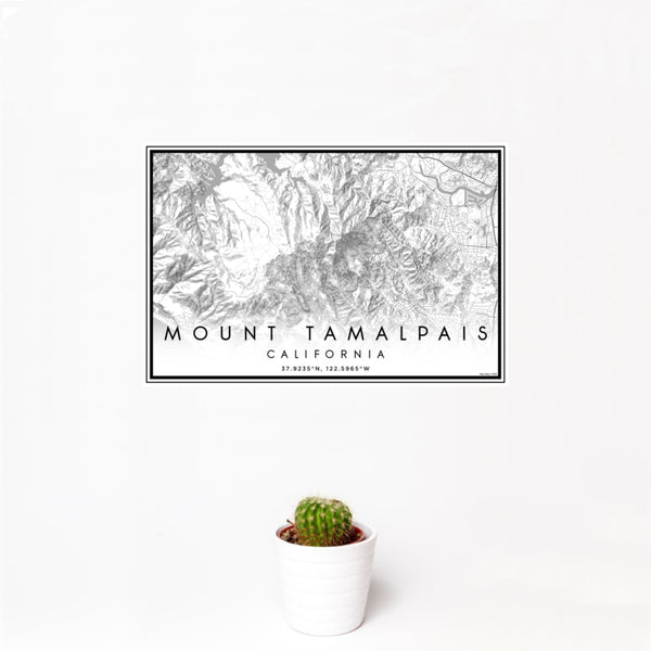 12x18 Mount Tamalpais California Map Print Landscape Orientation in Classic Style With Small Cactus Plant in White Planter