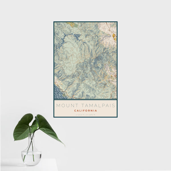 16x24 Mount Tamalpais California Map Print Portrait Orientation in Woodblock Style With Tropical Plant Leaves in Water