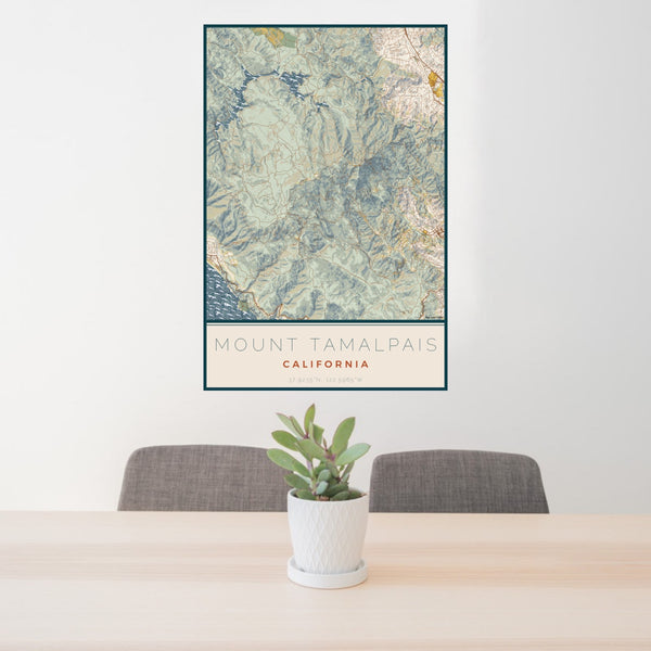 24x36 Mount Tamalpais California Map Print Portrait Orientation in Woodblock Style Behind 2 Chairs Table and Potted Plant