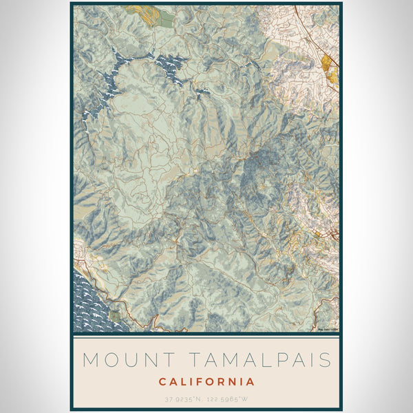 Mount Tamalpais California Map Print Portrait Orientation in Woodblock Style With Shaded Background