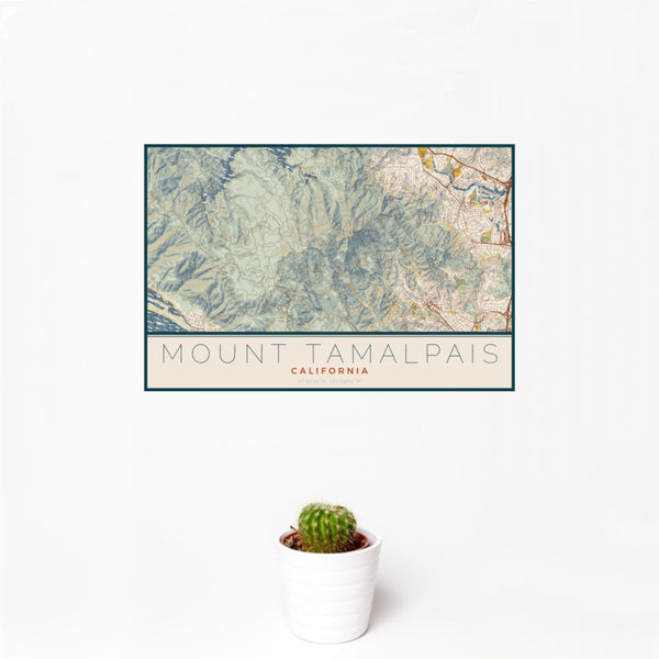 12x18 Mount Tamalpais California Map Print Landscape Orientation in Woodblock Style With Small Cactus Plant in White Planter