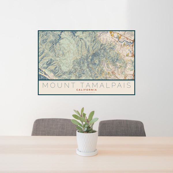 24x36 Mount Tamalpais California Map Print Landscape Orientation in Woodblock Style Behind 2 Chairs Table and Potted Plant