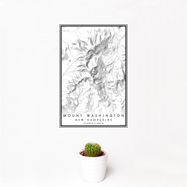 12x18 Mount Washington New Hampshire Map Print Portrait Orientation in Classic Style With Small Cactus Plant in White Planter