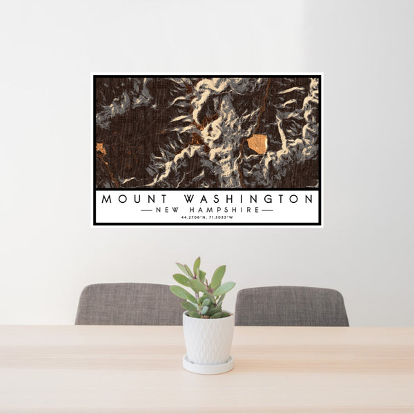 24x36 Mount Washington New Hampshire Map Print Lanscape Orientation in Ember Style Behind 2 Chairs Table and Potted Plant